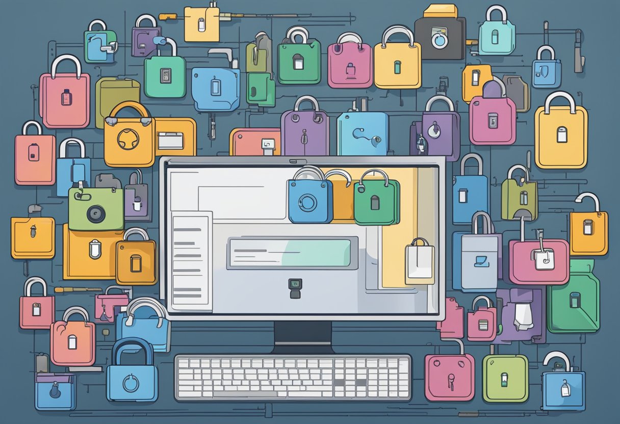 A computer screen displaying various types of locked files with different key icons. An open lock symbolizes unlocked files