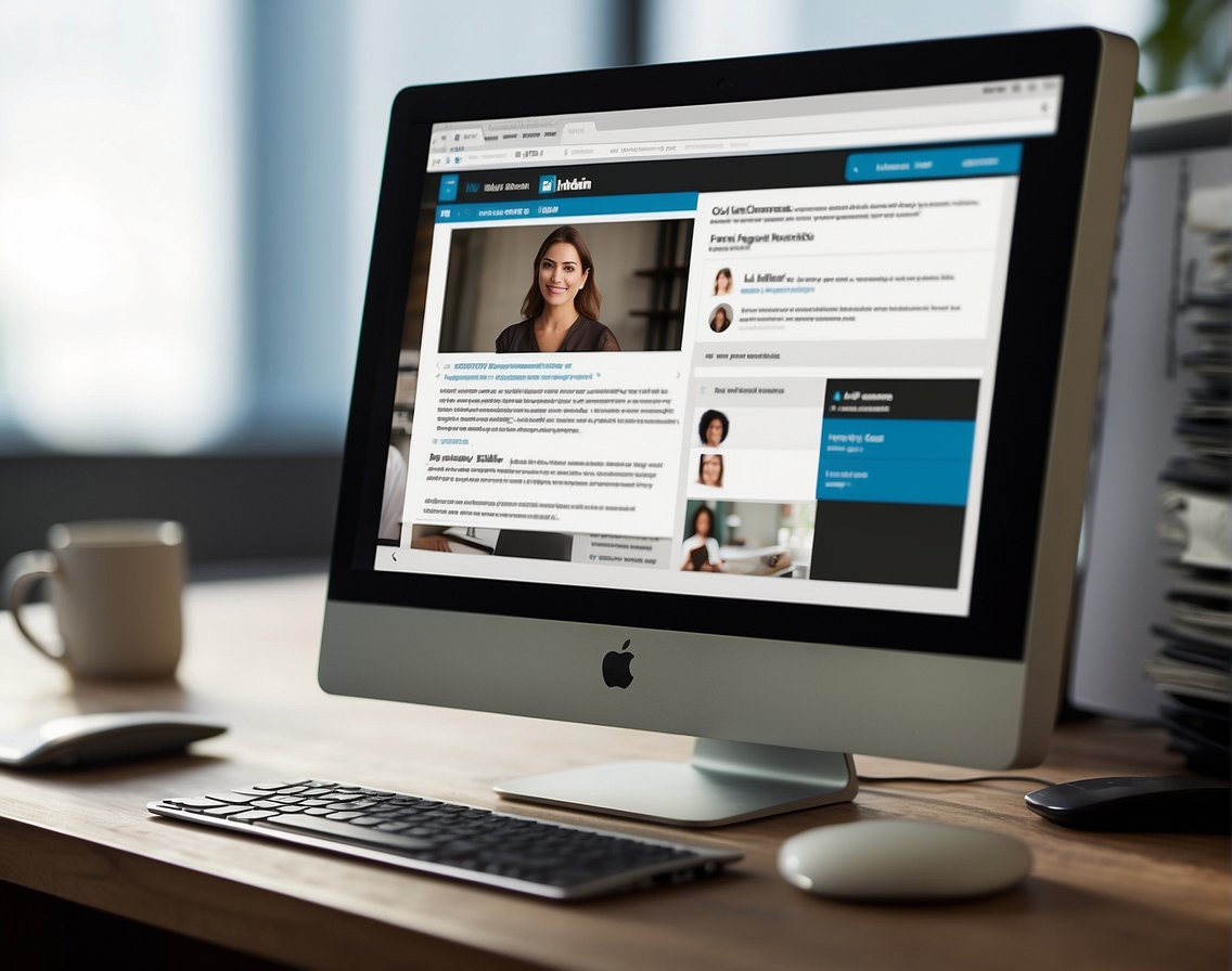 A computer screen showing a LinkedIn profile with IT skills highlighted, alongside a stack of resumes and a recruiter jotting down notes