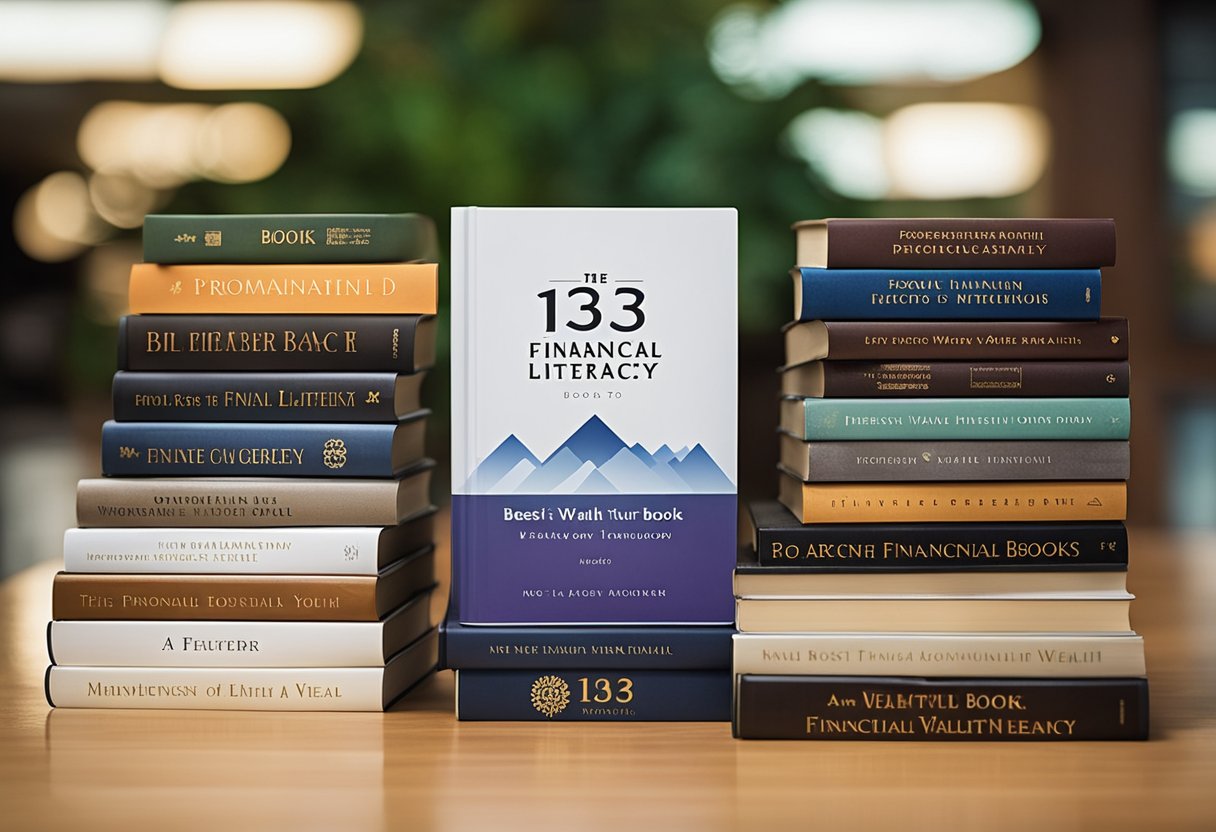 A stack of 13 financial literacy books arranged in a pyramid shape with the title "13 BEST FINANCIAL LITERACY BOOKS TO GROW YOUR WEALTH" prominently displayed on the top book