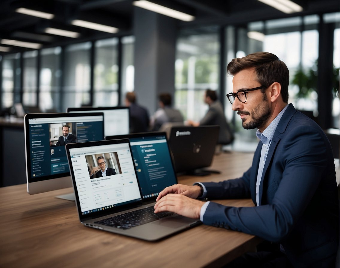 A recruiter sits at a desk, using a laptop to search and engage with potential IT candidates on LinkedIn. The screen displays profiles and job postings