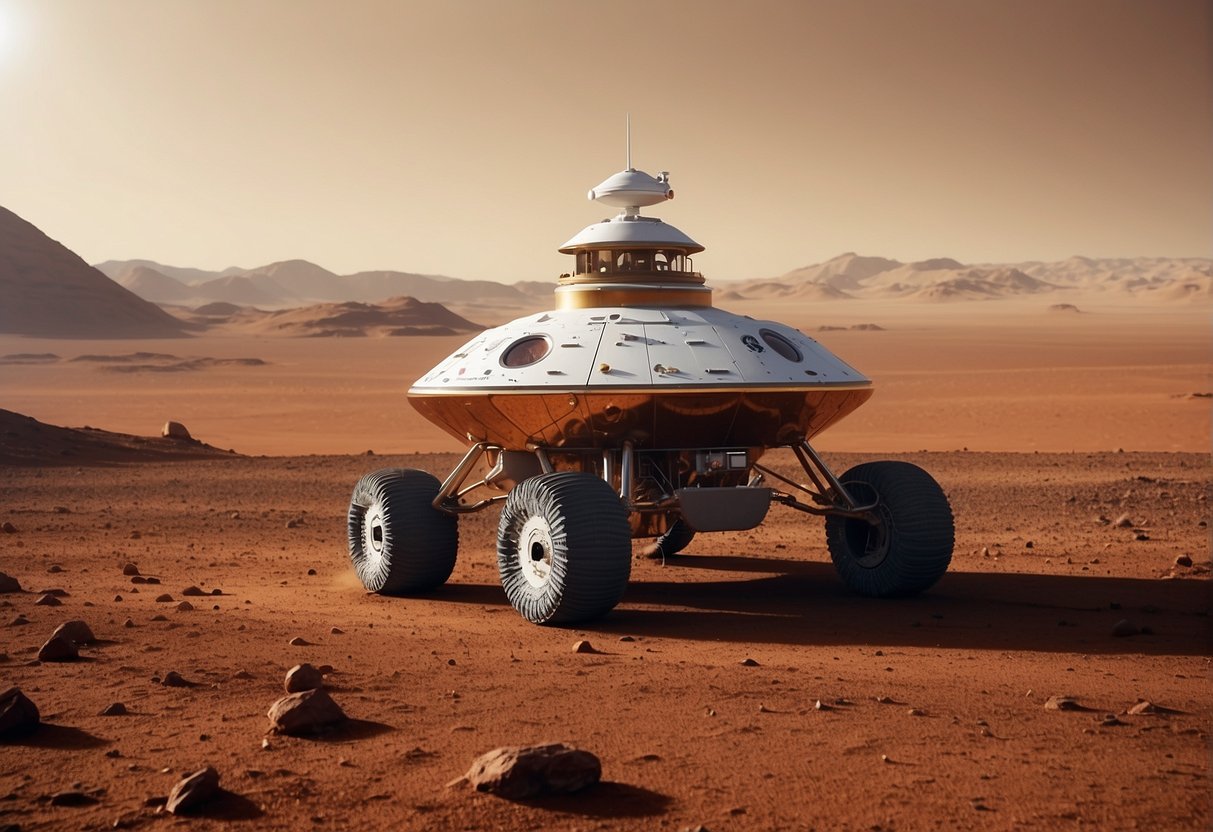 The Tianwen-1 spacecraft lands on the dusty surface of Mars, with the red planet's distinctive landscape stretching out in the background