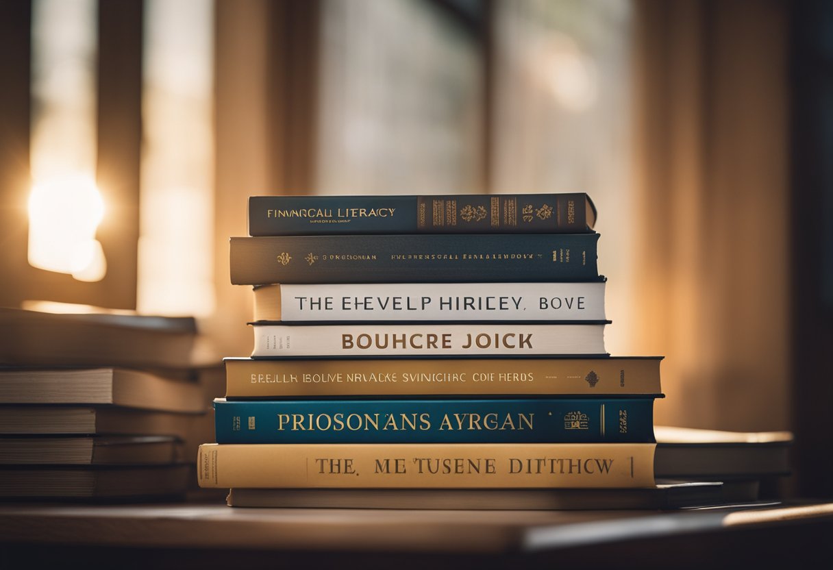 A stack of 13 financial literacy books arranged neatly on a wooden shelf, with titles clearly visible. Sunlight streams through a nearby window, casting a warm glow on the books
