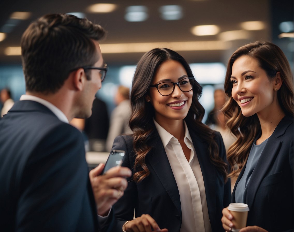 A group of professionals engaging in networking and communication, utilizing LinkedIn for IT recruitment