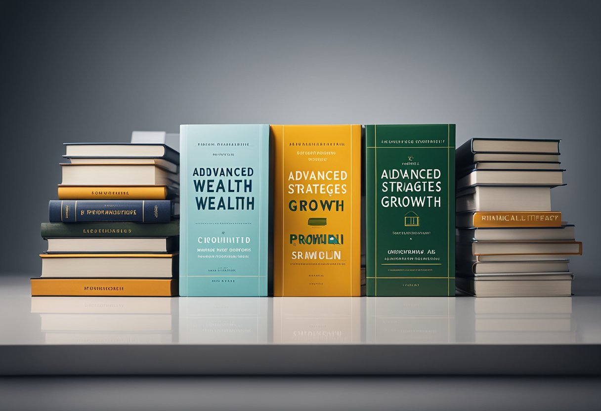 A stack of 13 financial literacy books arranged in a pyramid with the title "Advanced Strategies for Wealth Growth" prominently displayed on the top book