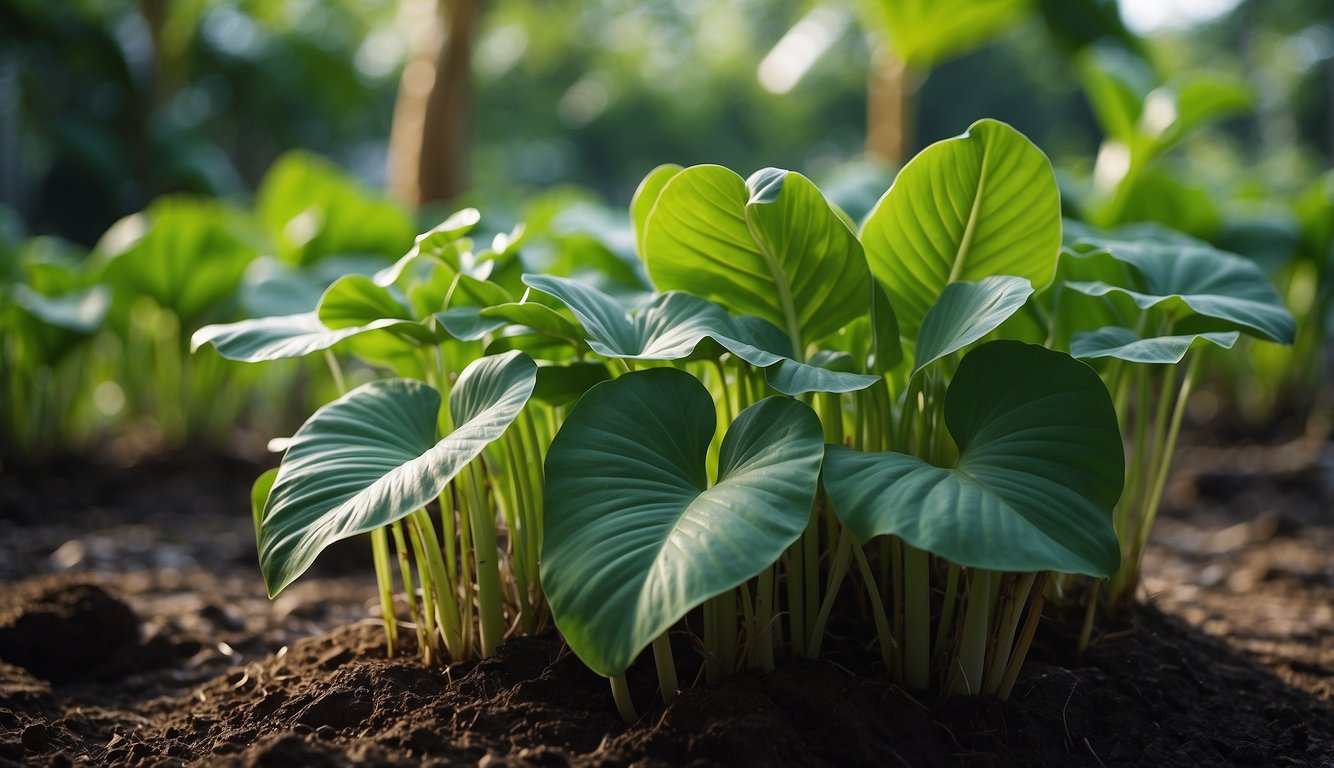 Lush green taro plants thrive in a well-drained, moist environment with partial shade.

Large heart-shaped leaves and tuberous roots are characteristic of this tropical plant