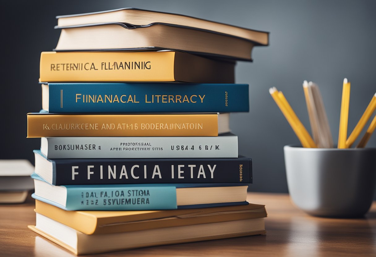 A stack of 13 financial literacy books surrounded by various retirement planning essentials such as calculators, charts, and graphs