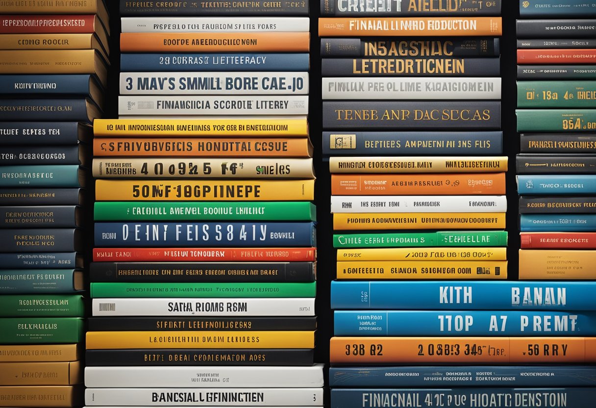A stack of 13 financial literacy books arranged in a neat row, with titles clearly visible. A chart showing debt reduction and credit score improvement in the background
