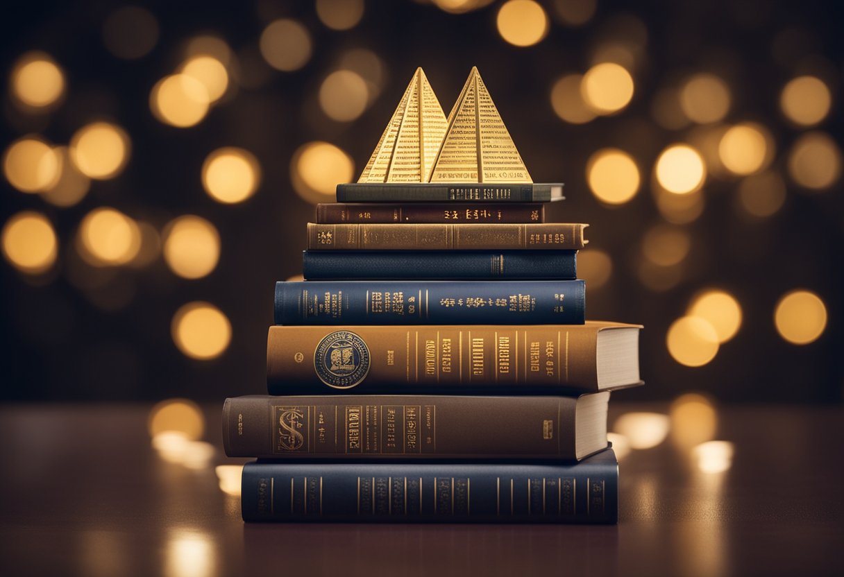 A stack of 13 financial literacy books arranged in a pyramid with a spotlight shining on them, surrounded by symbols of wealth like dollar signs and stock market graphs