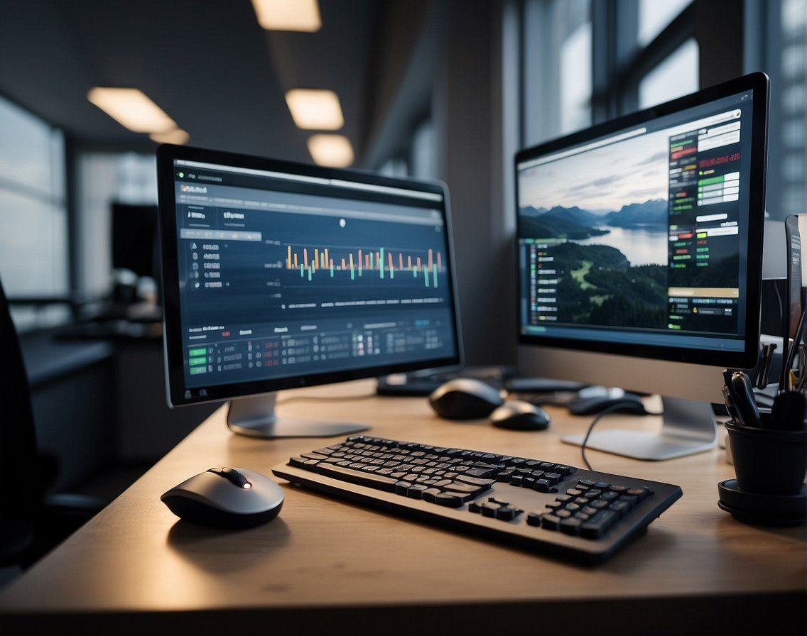 An office desk with a computer, keyboard, and mouse. A chart showing different IT roles and their corresponding average salaries in Norway for the year 2023
