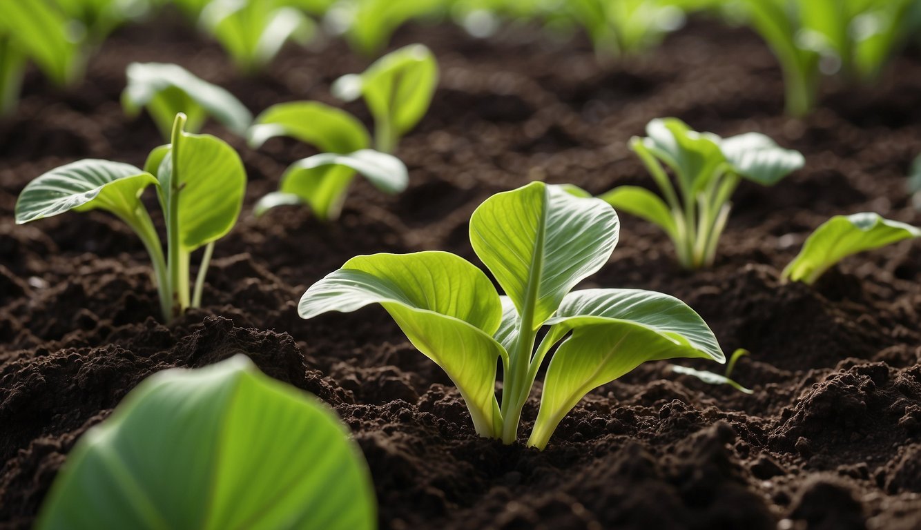 Lush green leaves of taro plants spread across a moist, fertile soil.

A gardener gently tucks the tubers into the ground, ensuring proper spacing for optimal growth