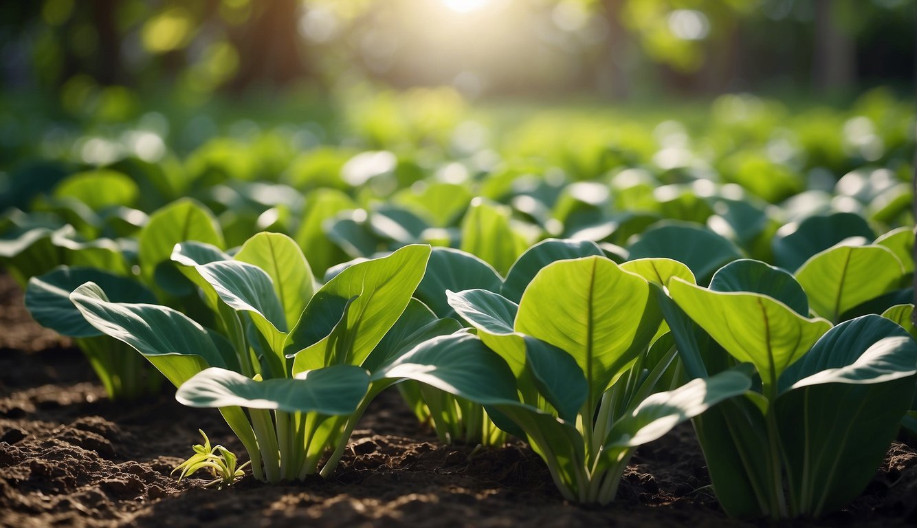 Lush green taro plants growing in a garden, with large heart-shaped leaves and thick stems.

Sunlight filters through the foliage, casting dappled shadows on the ground