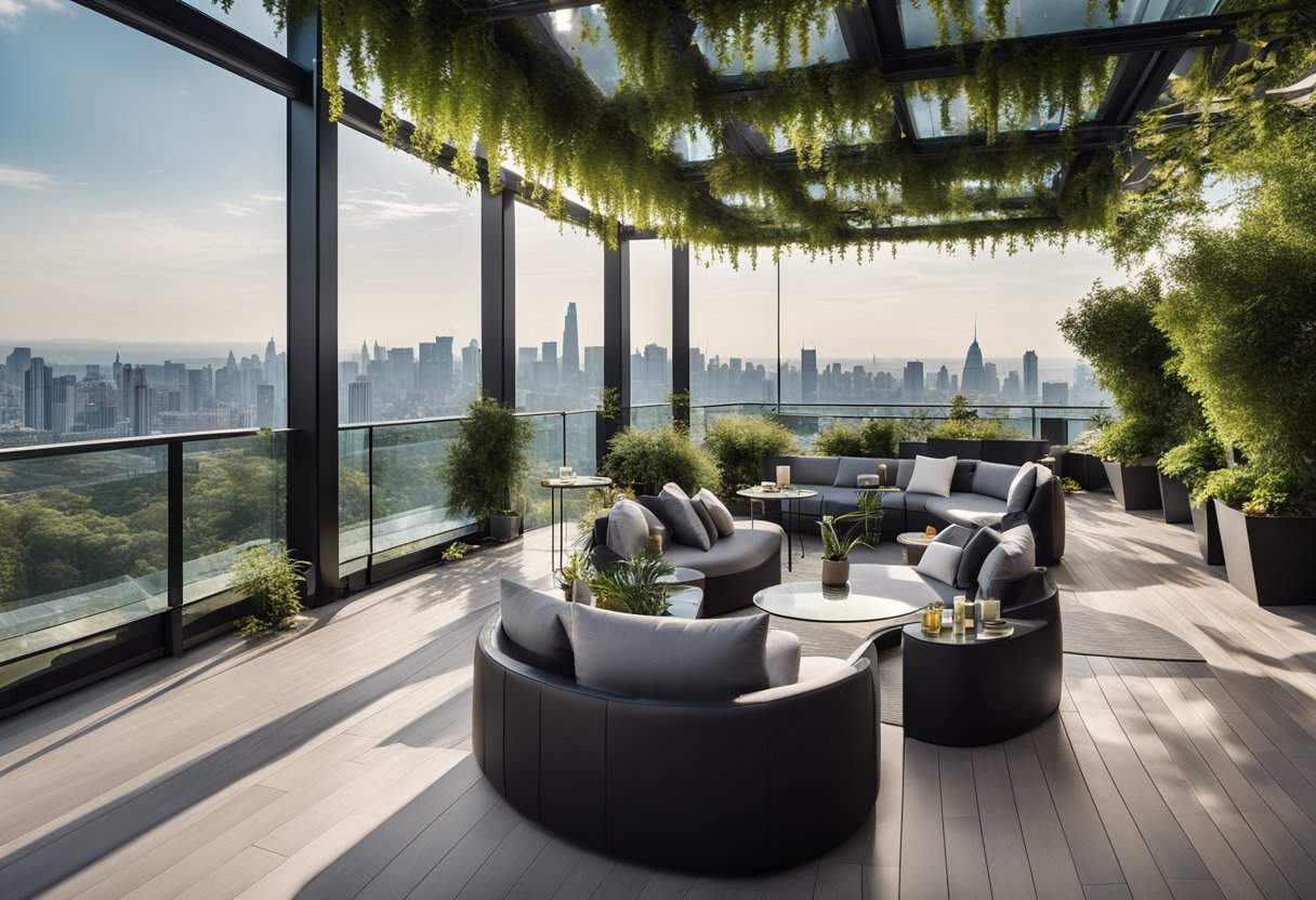 A modern, spacious rooftop terrace with sleek furniture and lush greenery, surrounded by glass walls offering panoramic views of the city skyline