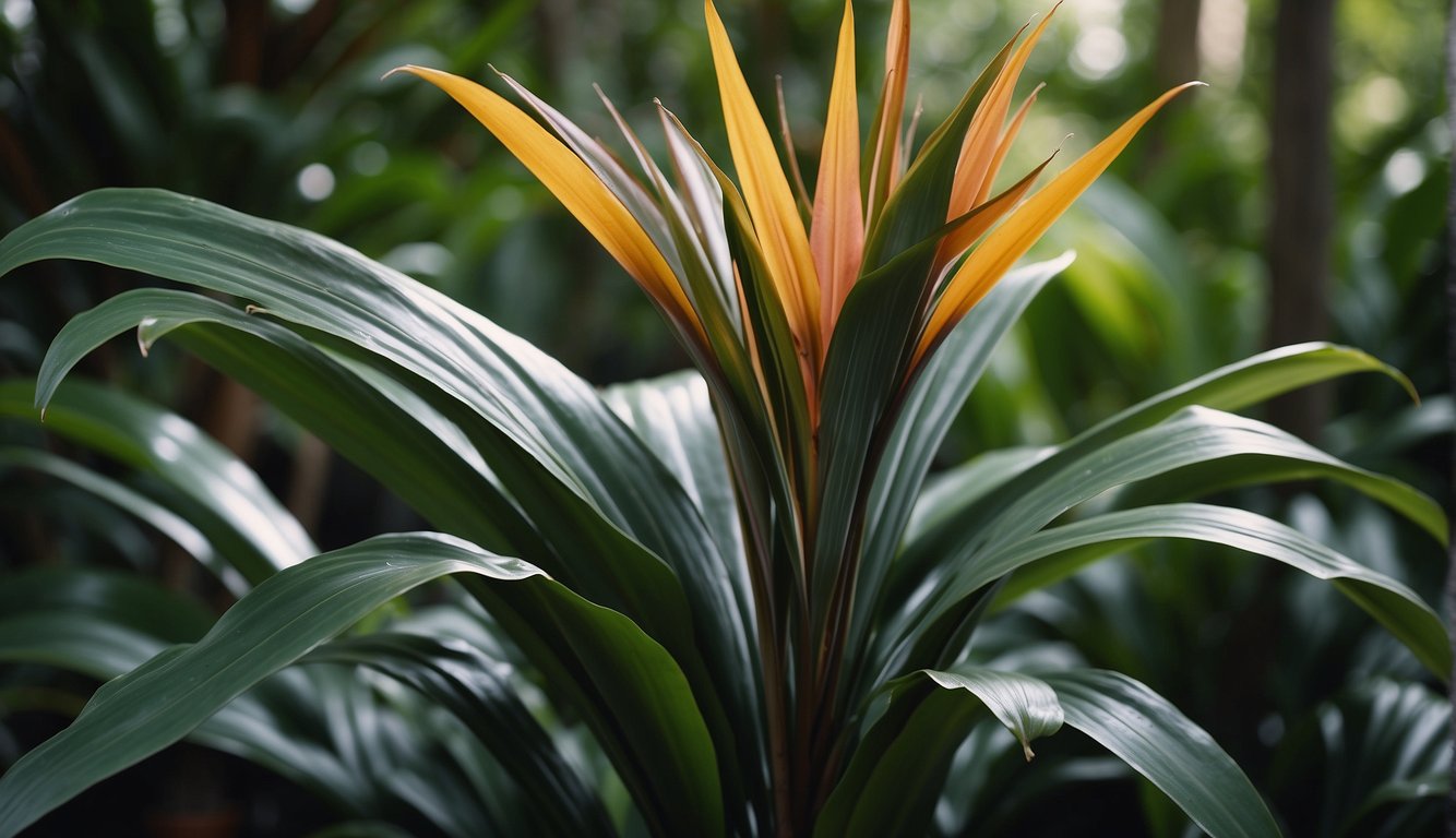 A vibrant Cordyline Australis plant stands tall against a backdrop of lush green foliage, with its long, sword-shaped leaves cascading gracefully from the top in a fan-like formation