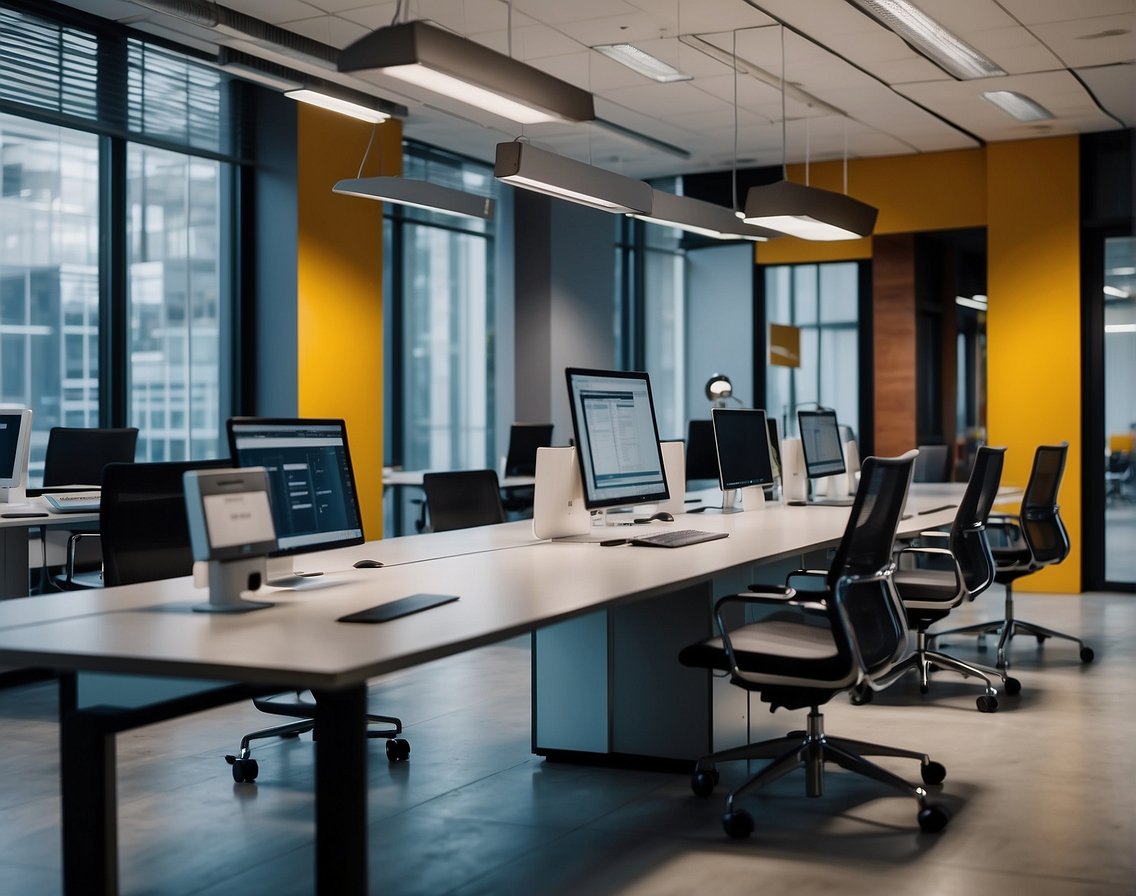 A modern office space with sleek technology, comfortable workstations, and vibrant decor to attract IT professionals