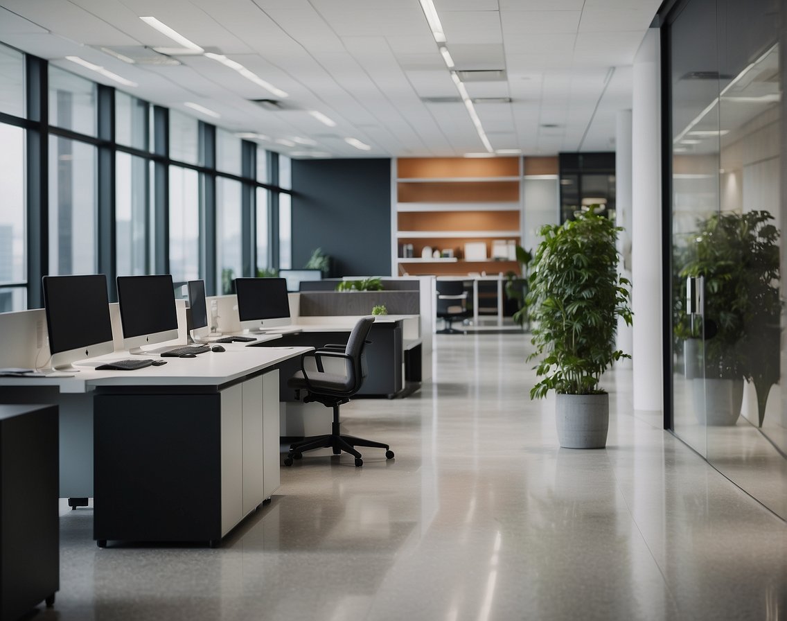 A modern office setting with a sleek and inviting workspace, showcasing cutting-edge technology and a vibrant company culture