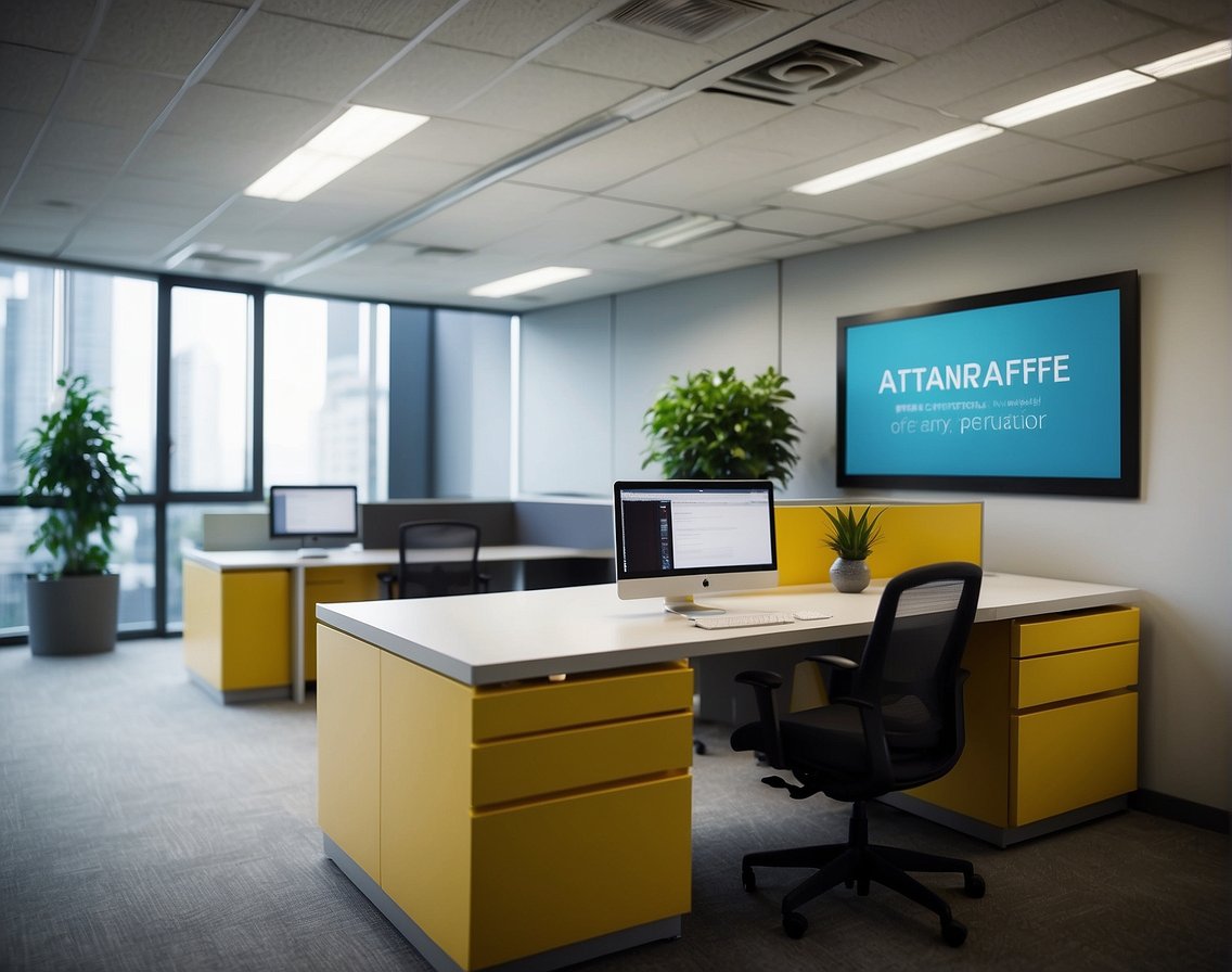 A modern office with sleek technology, vibrant branding, and a welcoming atmosphere. A sign displaying "Attractive Job Offer for IT Professionals" stands out