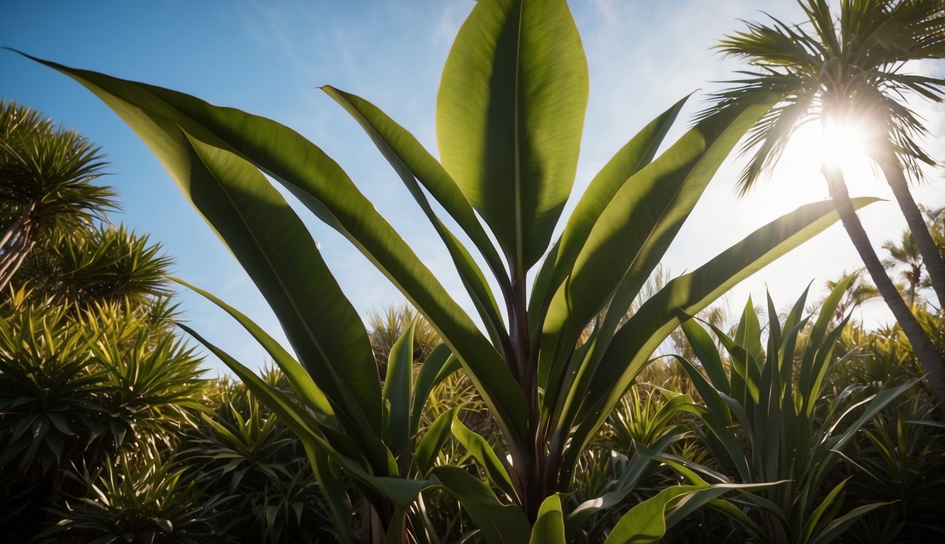 A cordyline australis stands tall, its long, sword-shaped leaves reaching towards the sky.

Surrounding it, other plants compete for sunlight, creating a lush and vibrant environment