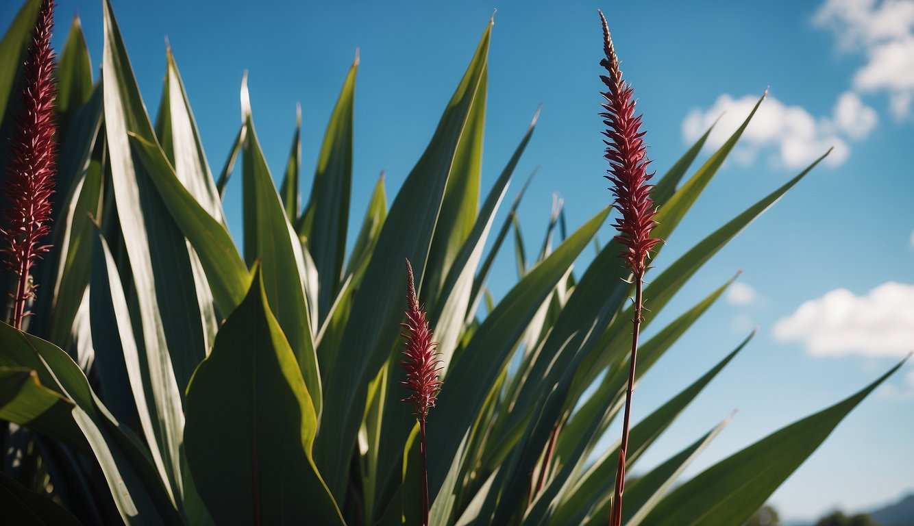 A vibrant Cordyline Australis plant stands tall against a blue sky, with long, sword-shaped leaves cascading downwards in a graceful and elegant manner