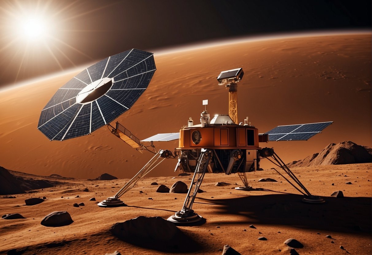 The Tianwen-1 spacecraft approaches Mars, with its solar panels extended and communication antenna pointed towards the red planet