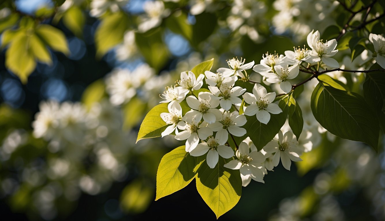 A vibrant Cornus Kousa tree stands in full bloom, with delicate white flowers and glossy green leaves.

The tree is surrounded by a peaceful garden, with dappled sunlight filtering through the branches