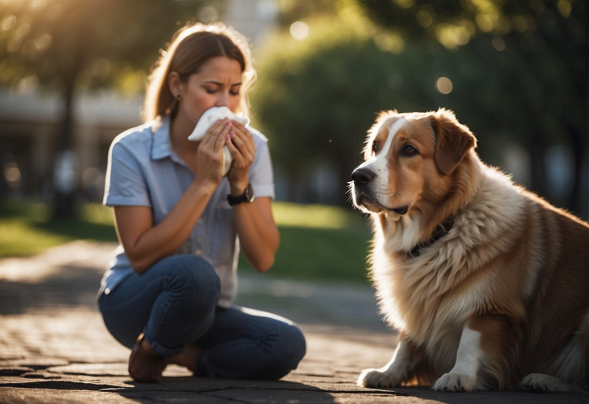 A person suddenly develops allergy to a dog, showing symptoms like sneezing, itching, and watery eyes