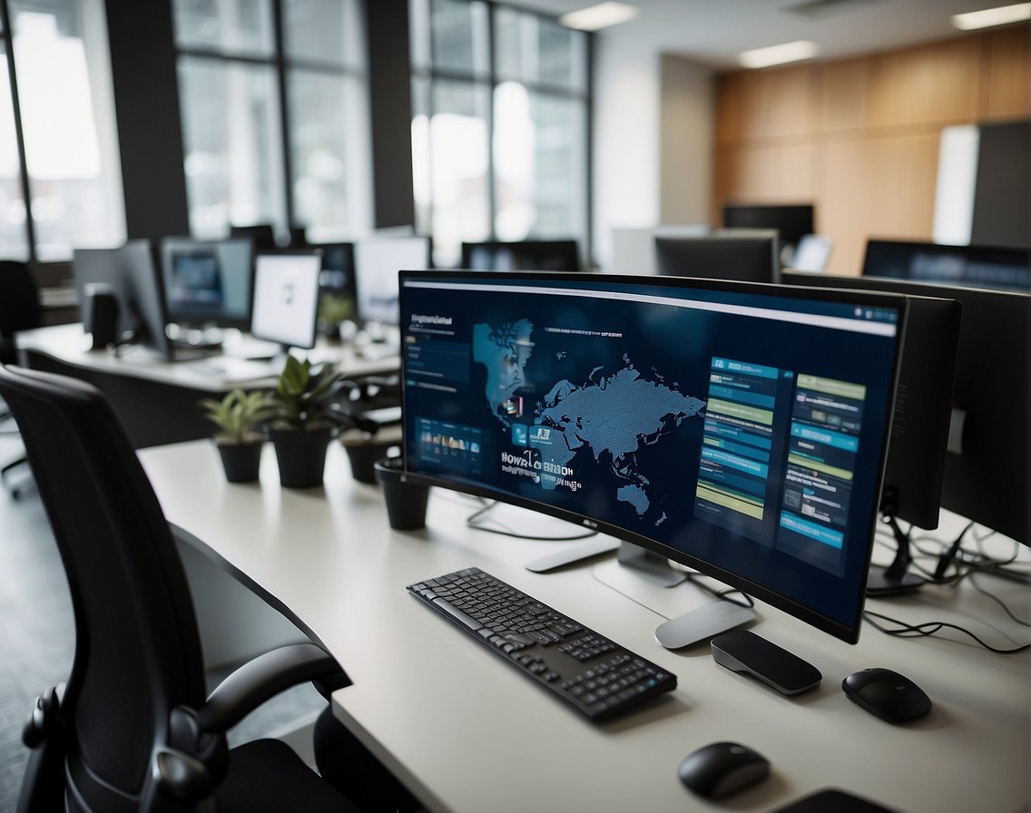 A modern office setting with a focus on employer branding and IT recruitment. The scene includes computer screens, company logos, and professional networking events