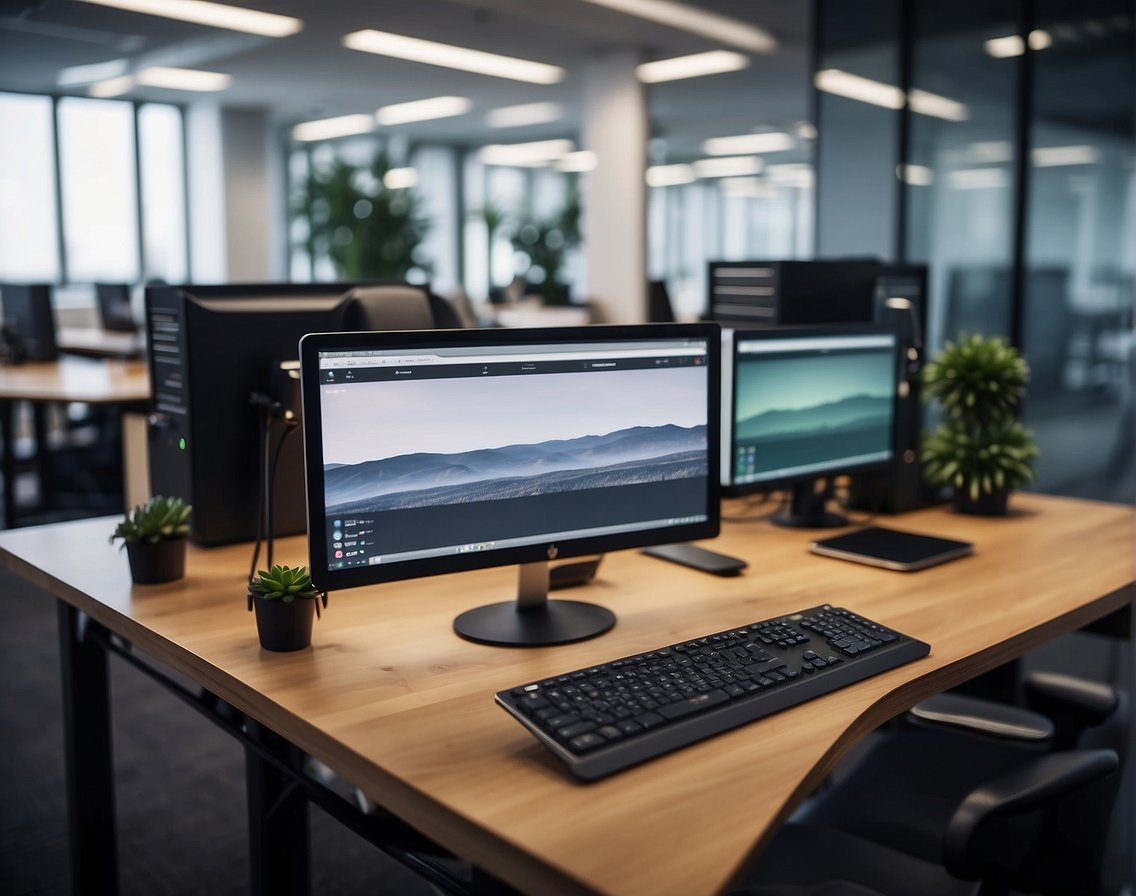 A modern office setting with computer equipment and branding materials for IT recruitment