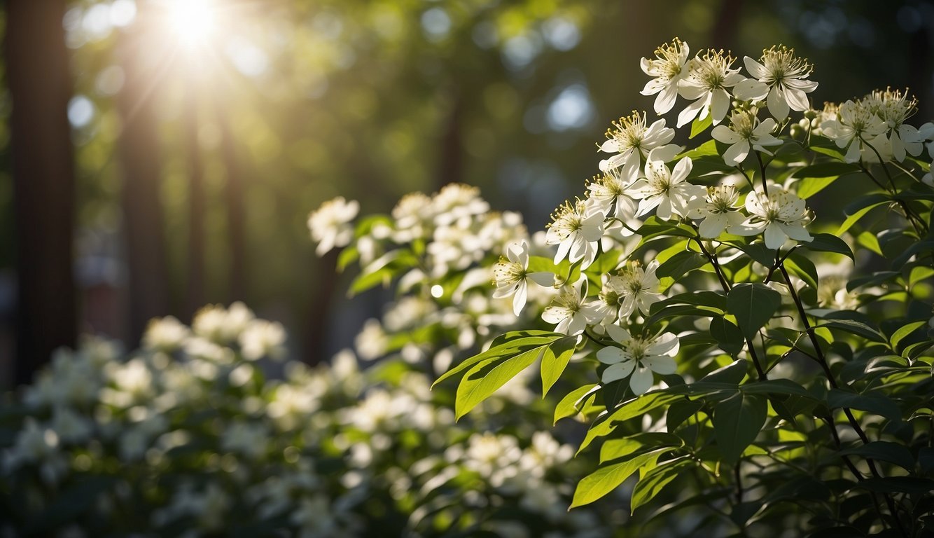 A Cornus Kousa tree stands tall, adorned with delicate white flowers and vibrant green leaves.

The sun shines through the branches, casting dappled shadows on the ground below