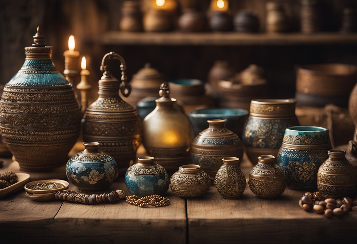 A collection of unique handcrafted items displayed on a rustic wooden table, including jewelry, pottery, and textiles. The warm lighting highlights the intricate details and textures, inviting customers to browse and purchase