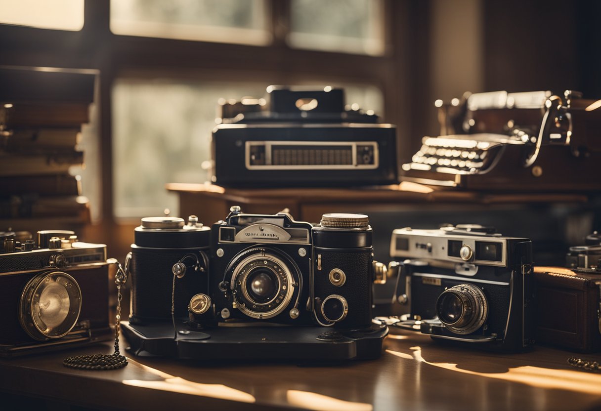 A table stacked with vintage items: old cameras, vinyl records, typewriters, and antique jewelry. Sunlight streaming through a dusty window, casting a warm glow on the eclectic collection
