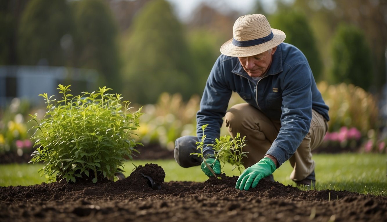 A gardener gently digs a hole, carefully places a young Cornus Kousa sapling in the ground, and waters it lovingly.

Nearby, a bag of fertilizer and a pair of gardening gloves sit ready for use