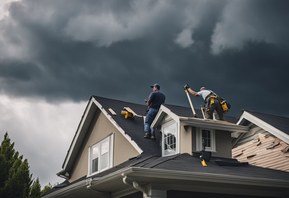 Dark clouds loom over a suburban house. A figure hammers shingles onto the roof, while another secures them with a nail gun. Gutter guards are being installed to prevent clogging