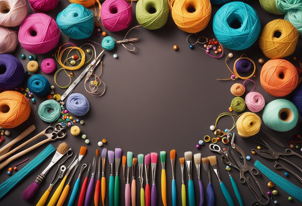 Various craft supplies arranged on a table: paintbrushes, colorful yarn, beads, ribbons, glue, scissors, and decorative paper. Bright and inviting display for a DIY project