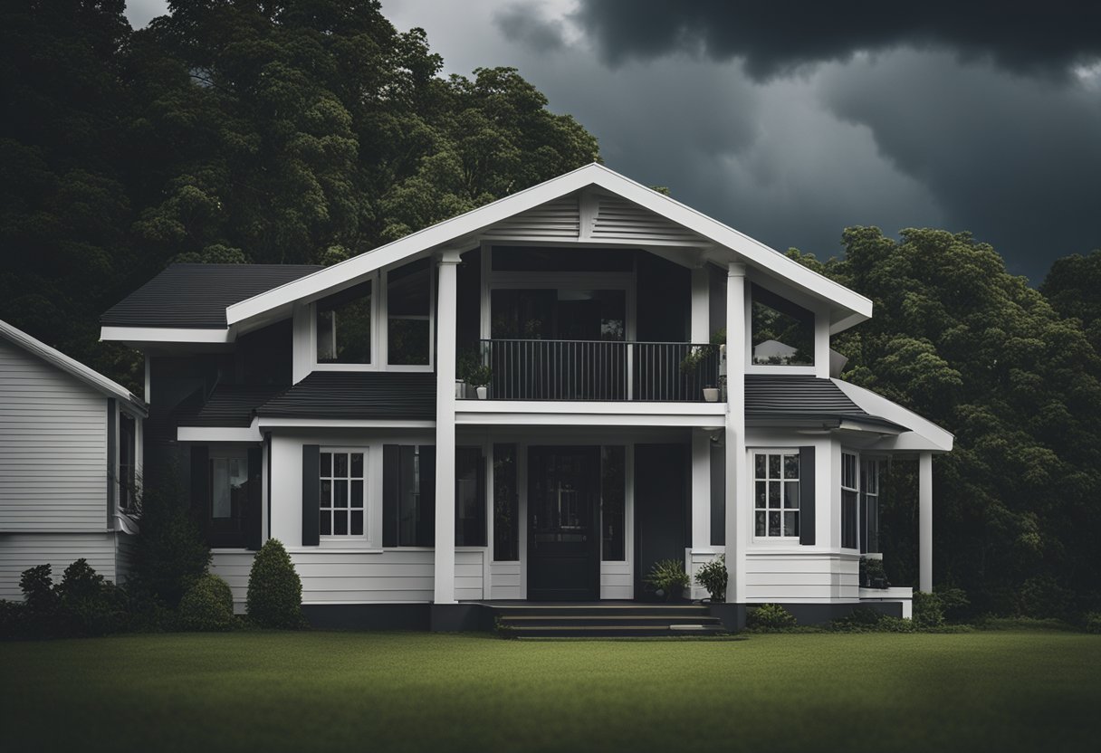 A house with a sturdy roof, surrounded by trees and dark storm clouds looming in the sky. The roof is equipped with protective measures such as hurricane straps and impact-resistant materials