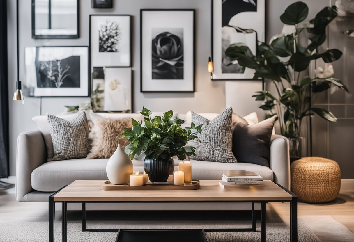 A cozy living room with trendy decor items arranged on shelves and tables, including stylish vases, unique wall art, and elegant throw pillows