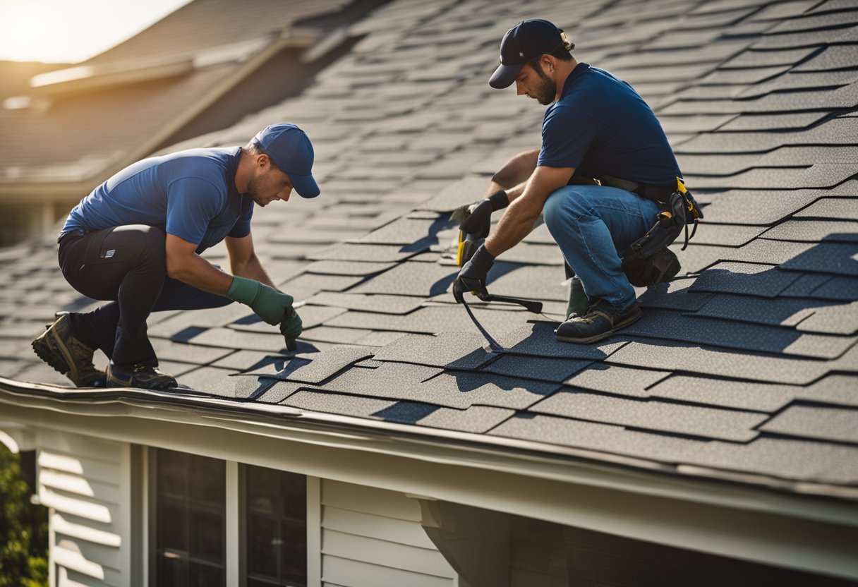 Roofers installing hurricane straps and reinforced shingles on a house. Gutter guards and sealant applied for extra protection