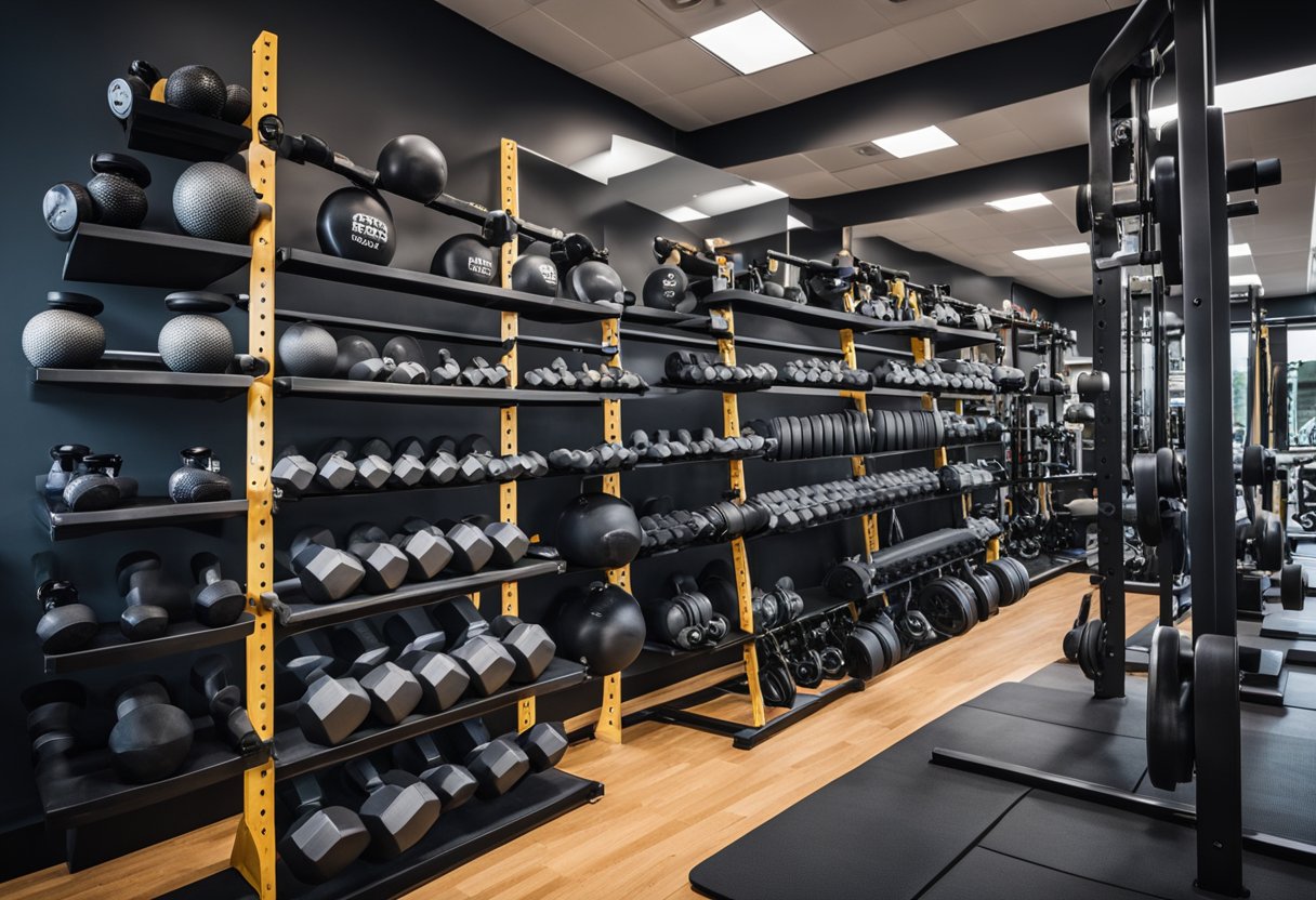 A variety of fitness equipment displayed neatly on shelves and racks, including dumbbells, resistance bands, yoga mats, and kettlebells