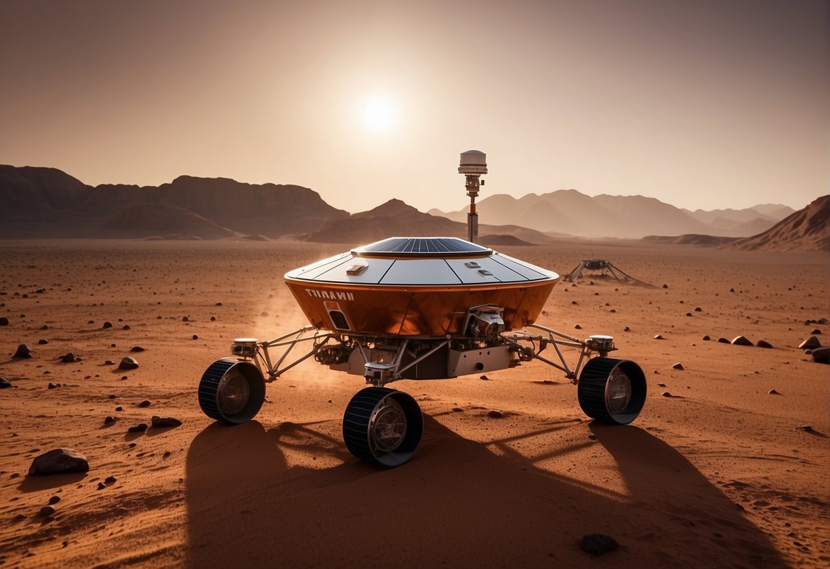 The Tianwen-1 spacecraft lands on the dusty surface of Mars, with its solar panels gleaming in the red sunlight. The Martian landscape stretches out in the distance, with rocky terrain and a hazy atmosphere