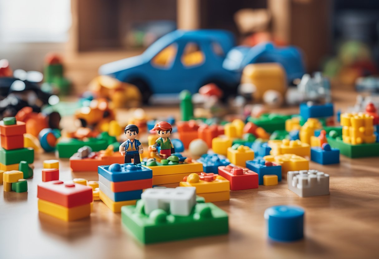Colorful toys and games scattered on a playroom floor, including dolls, action figures, board games, and building blocks