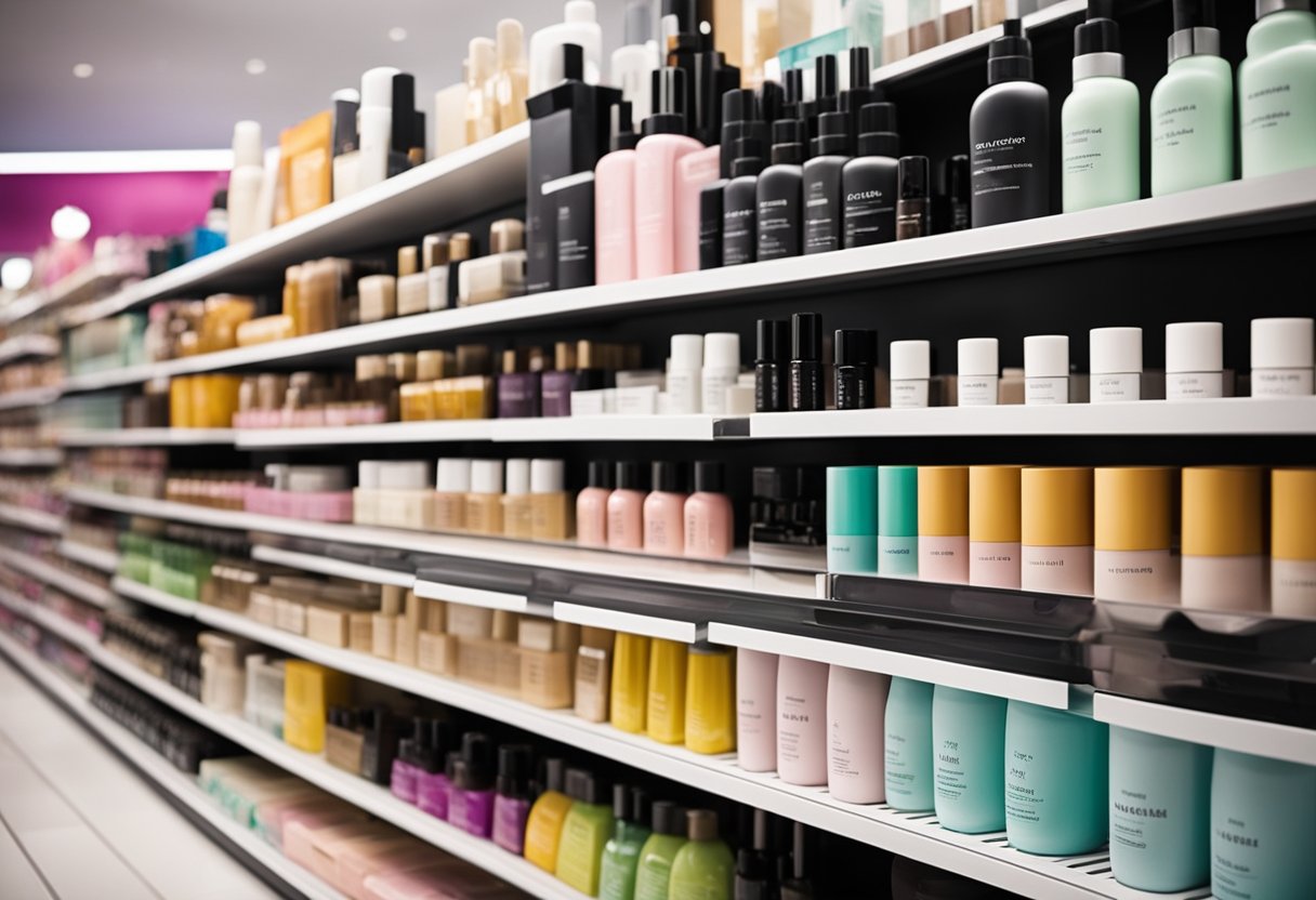 A colorful array of beauty products arranged neatly on a display shelf, including skincare, makeup, and haircare items. Bright packaging and enticing labels catch the eye, inviting customers to browse and make a purchase