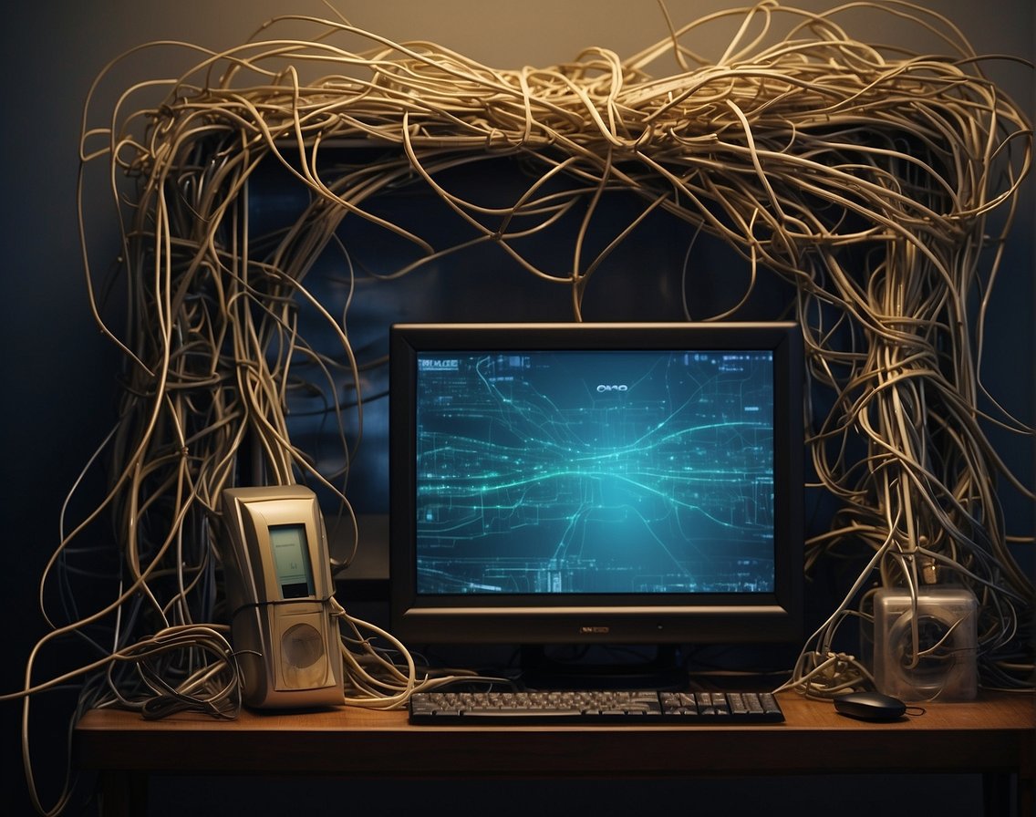A computer screen displaying error messages, surrounded by tangled wires and disconnected devices