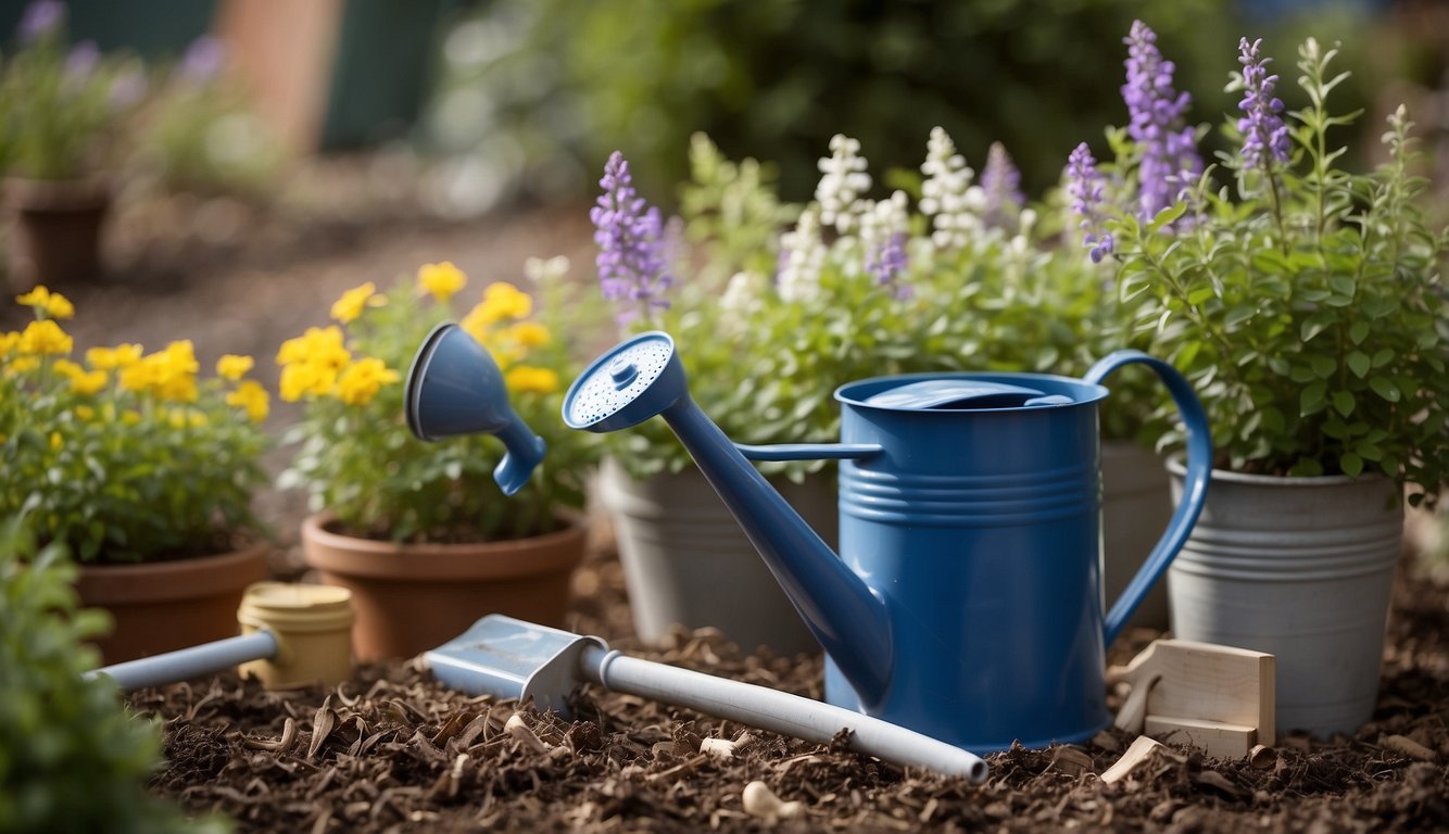 A garden scene with Corydalis Solida plants surrounded by mulch and labeled care items such as watering can, fertilizer, and pruning shears