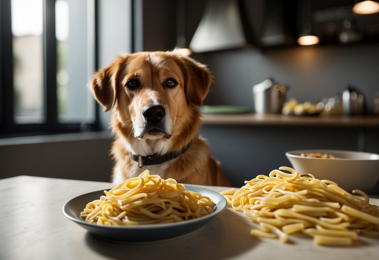 A dog eagerly awaits as a person places a bowl of pasta in front of it