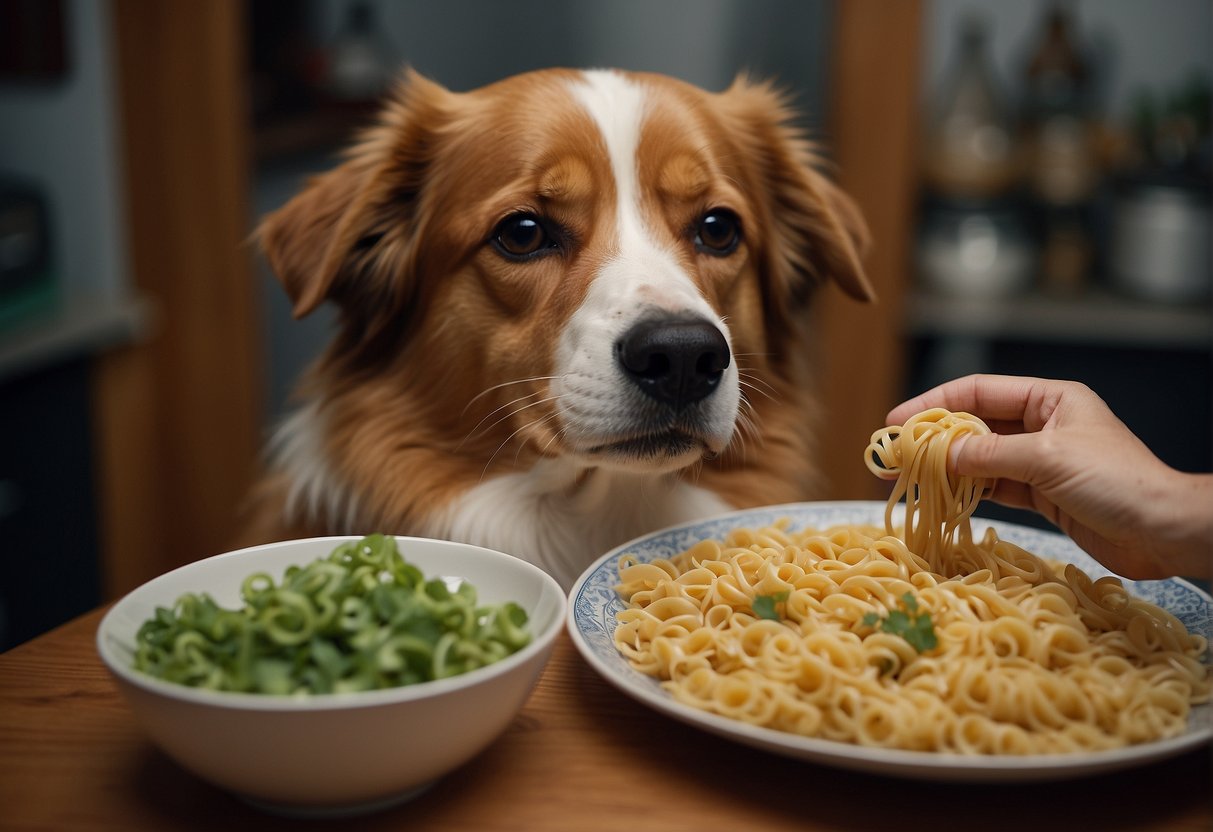A dog eagerly eats a bowl of pasta, while a concerned owner looks on, weighing the benefits and risks of feeding pasta to their pet