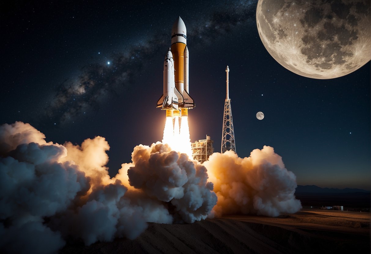 A rocket launches from Earth, heading towards the moon. The Earth looms large in the background as the spacecraft embarks on the Artemis Program mission