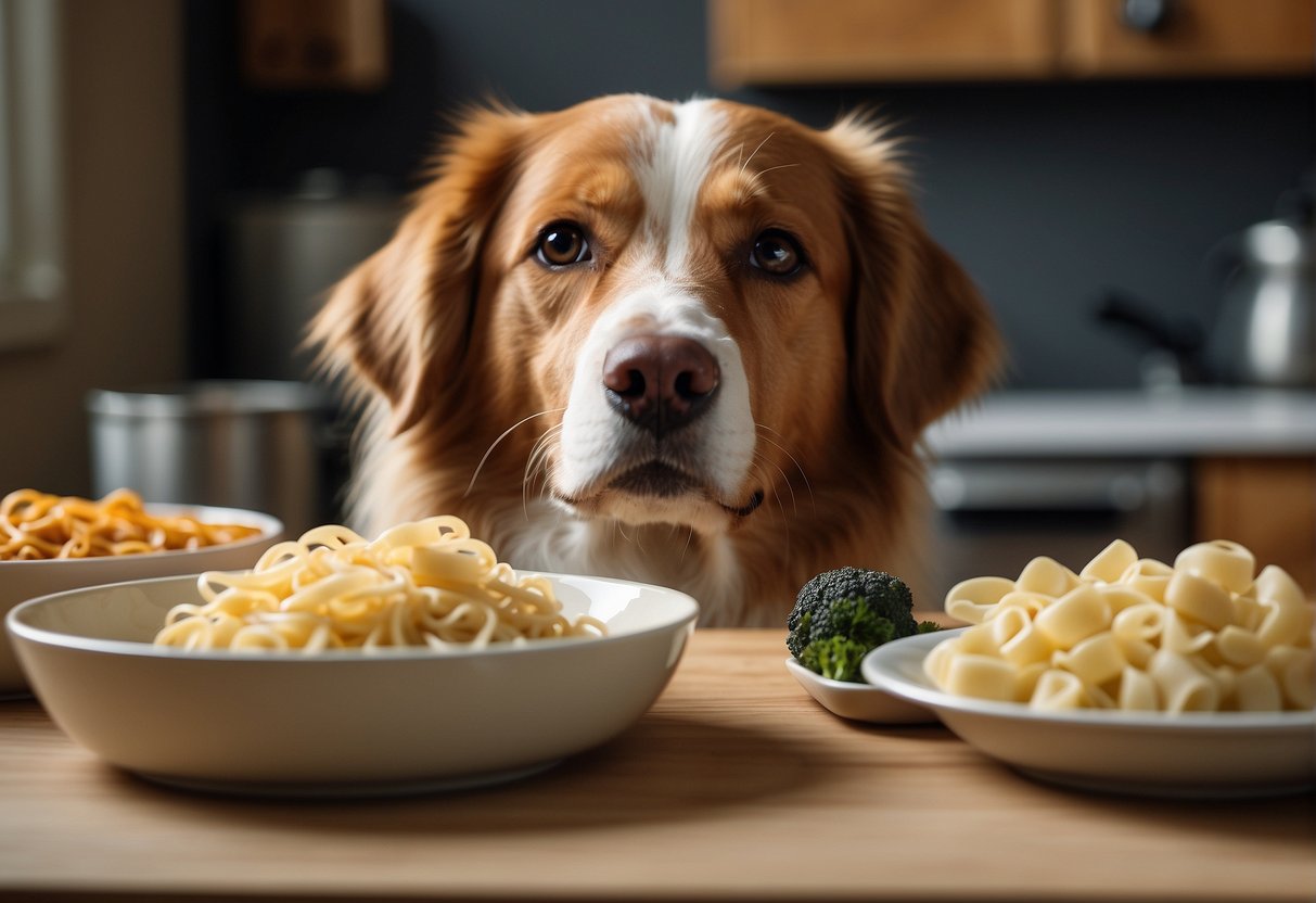 A dog eagerly awaits as a bowl of balanced meal, including pasta, is placed in front of it