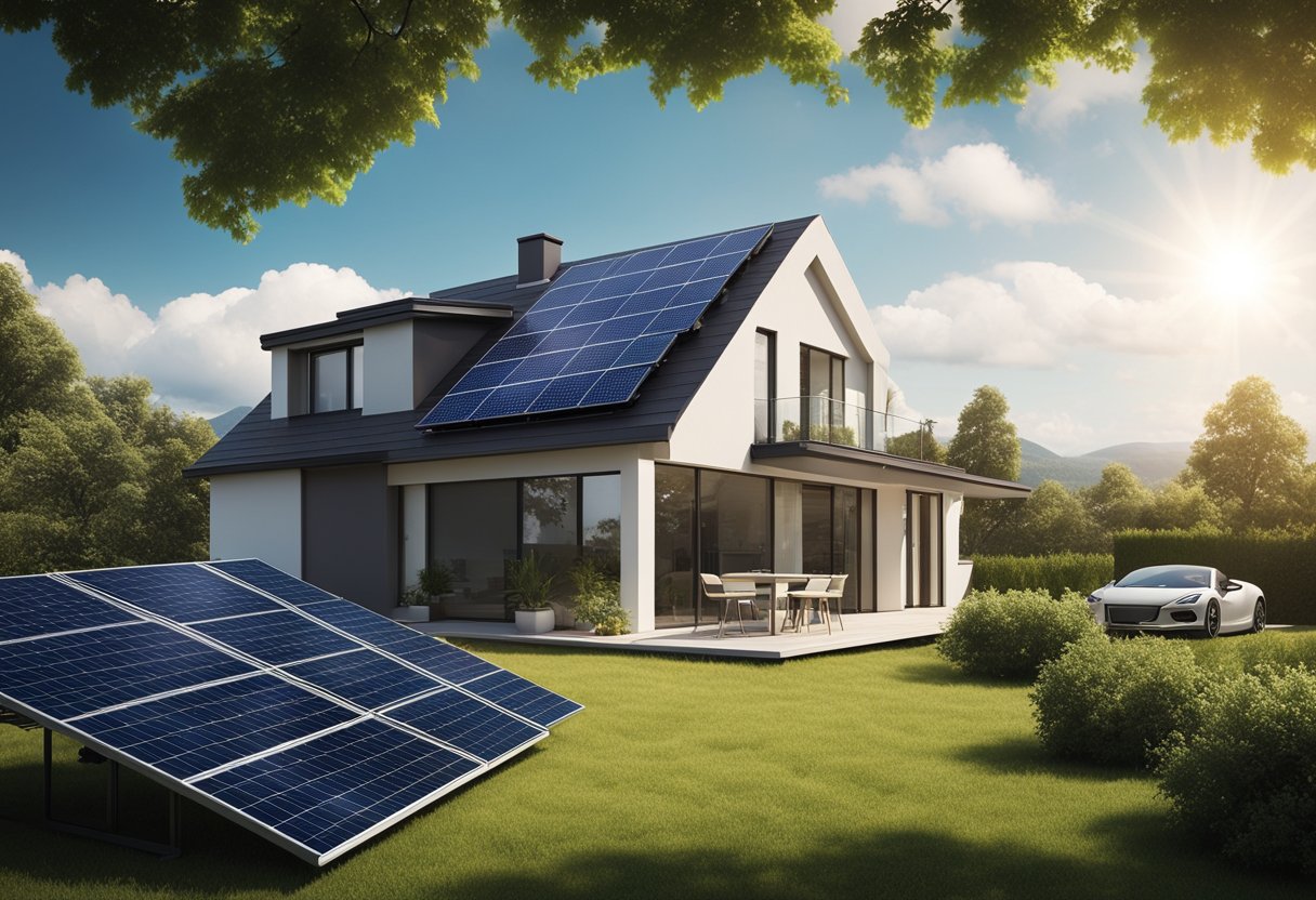 A house with solar panels on the roof, absorbing sunlight. Trees and clouds in the background