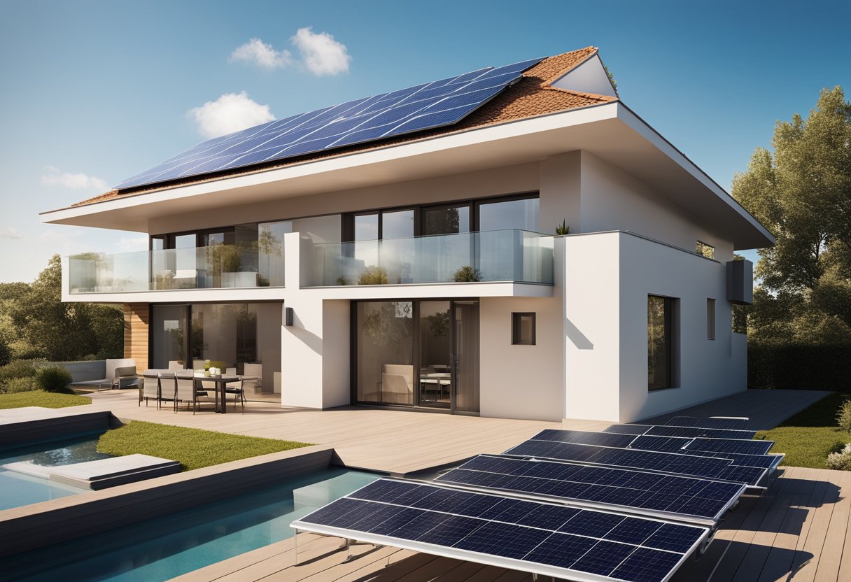 A house with solar panels on the roof, capturing sunlight to generate energy. Sky is clear, and the panels are angled towards the sun