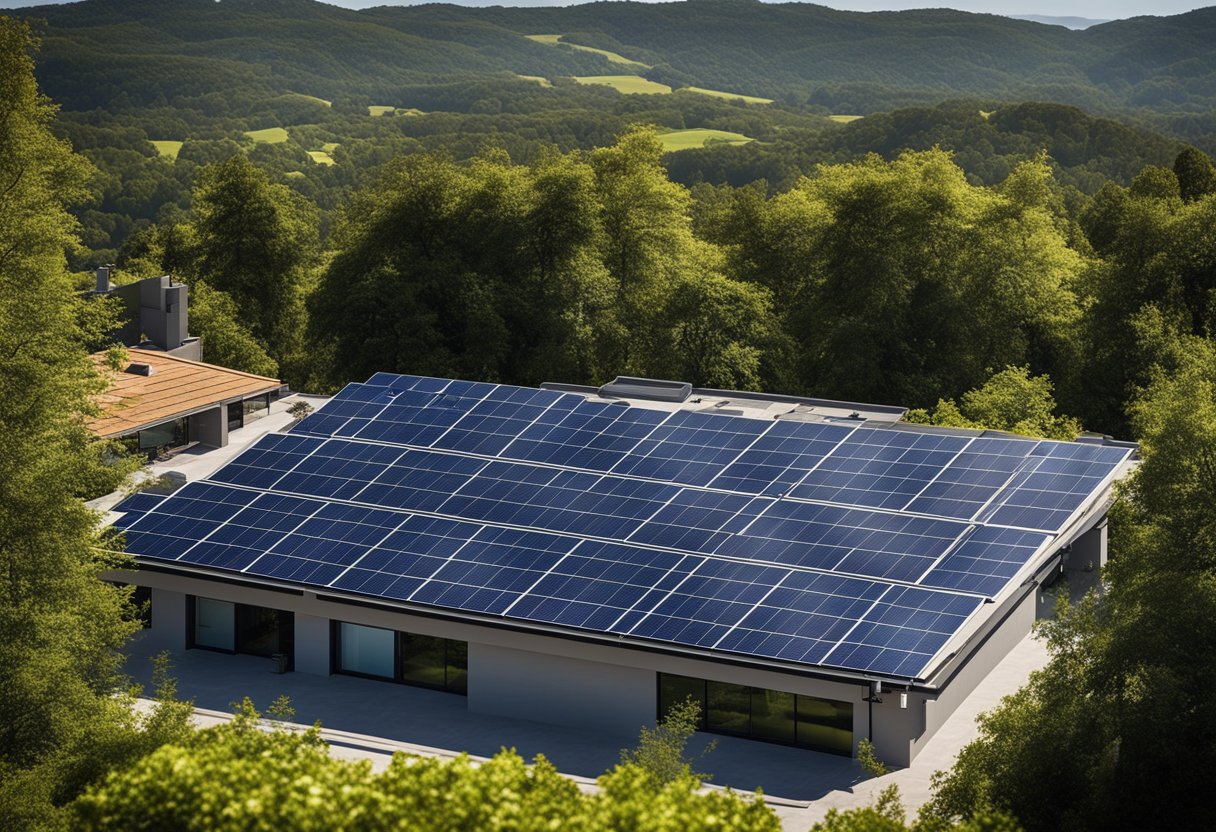 A rooftop with solar panels capturing sunlight, surrounded by clear blue skies and greenery, showcasing the integration of solar energy into roofing solutions