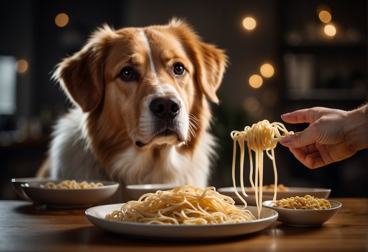 A dog eagerly awaits as a hand offers a bowl of pasta